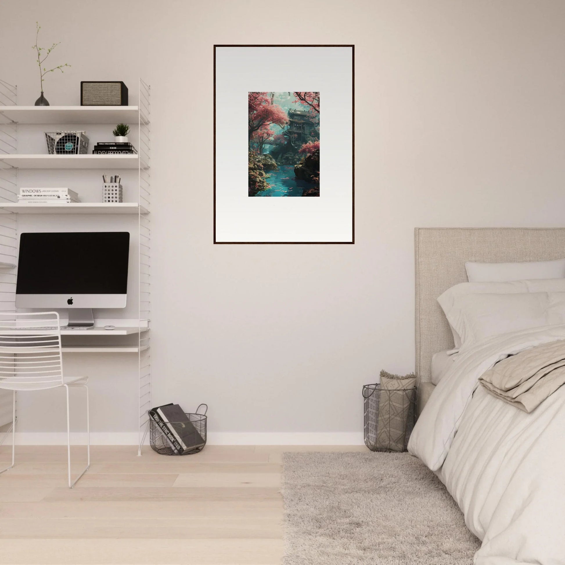 Framed wall art of turquoise and pink nature scene from Magenta Spirals Oscillate