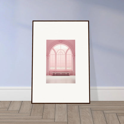 Framed wall art of Solitude’s Rosy Asana with a pink arched window and bench