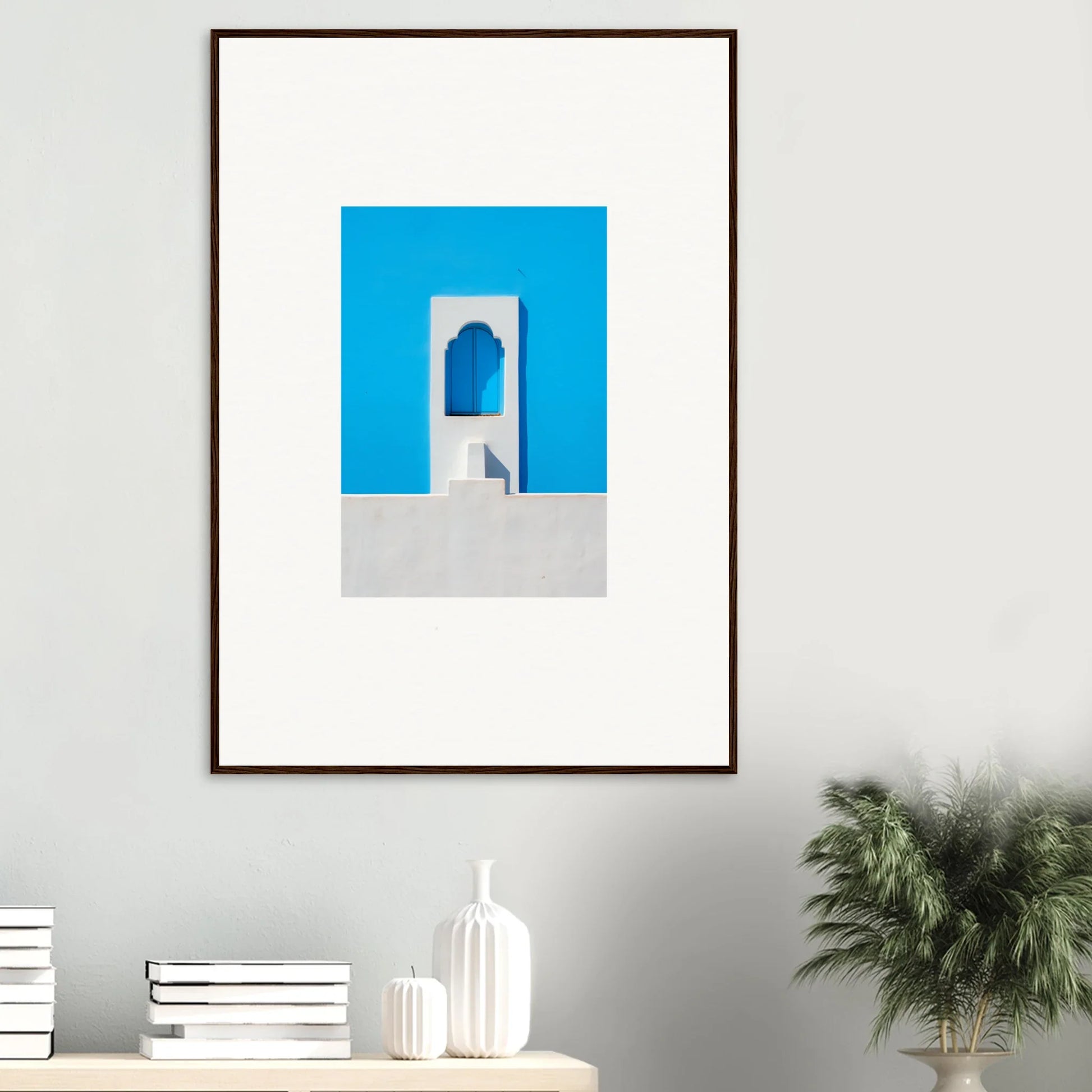 Framed minimalist Oikos Cerulean Aperturearches artwork with a bright blue doorway