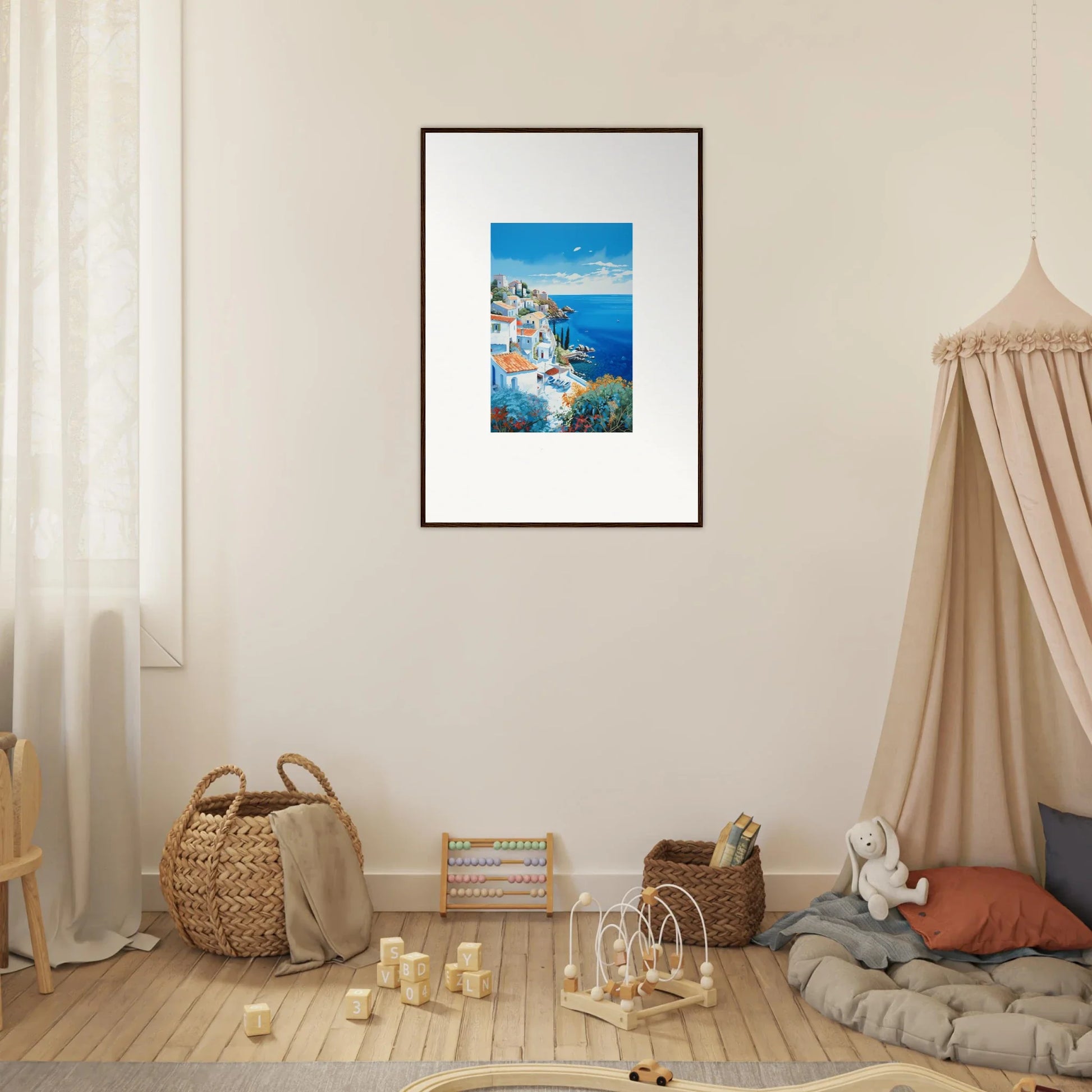 Framed artwork of a Mediterranean scene featured in Sunlit Dreamscape Promise