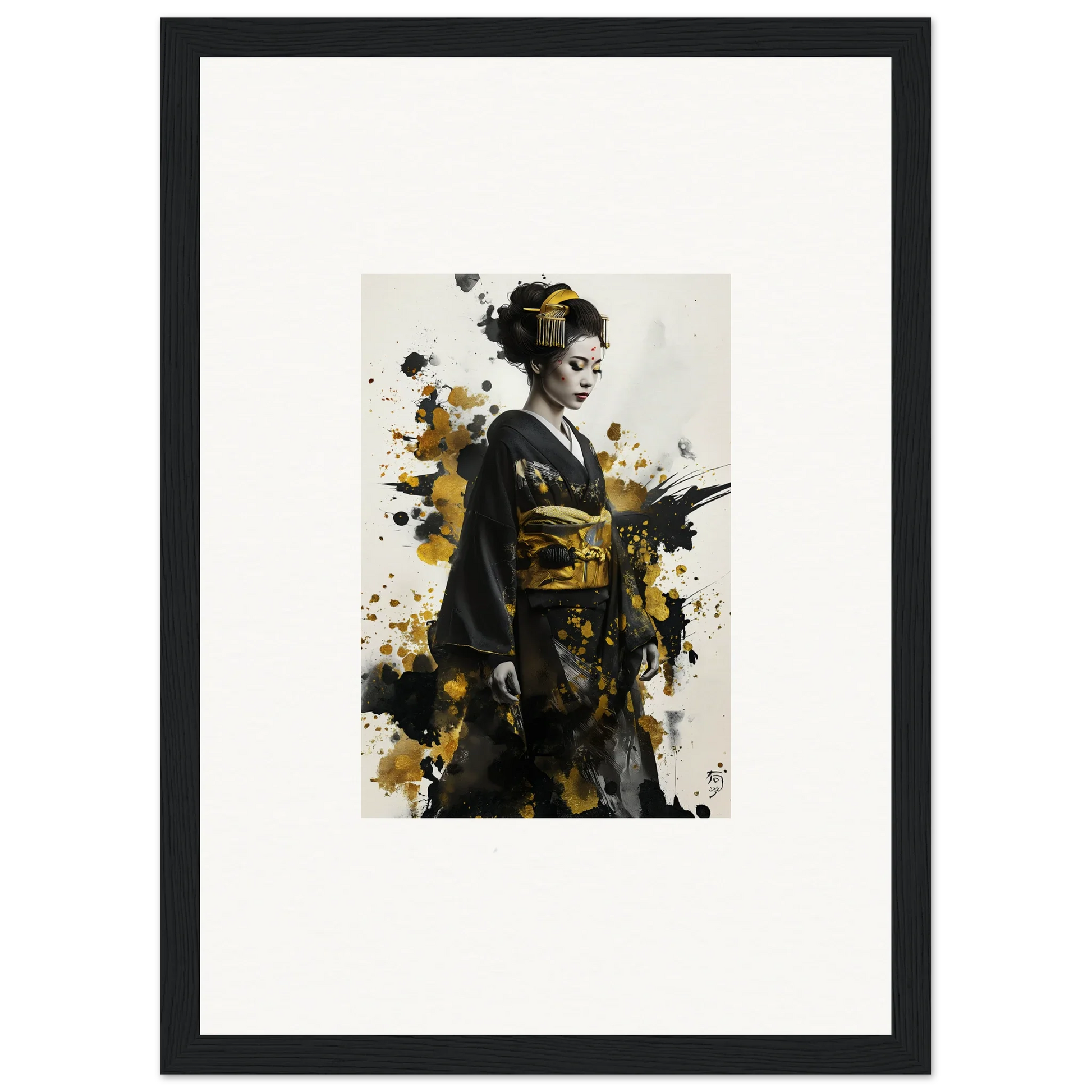 Artistic portrait of a geisha in traditional kimono, special edition art™ with splatter effects