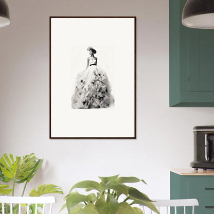 Black and white watercolor of a figure in a ballgown for Dreams Bloom Eternal special edition art