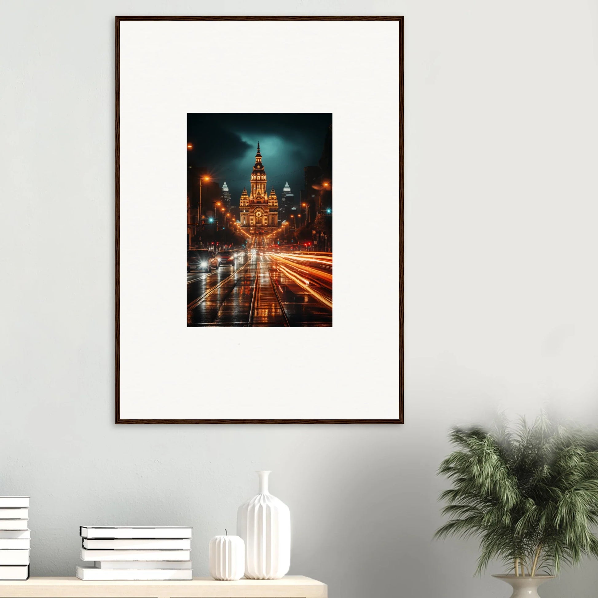 Framed wall art of Radiant Urban Reverie with night city lights and vibrant trails