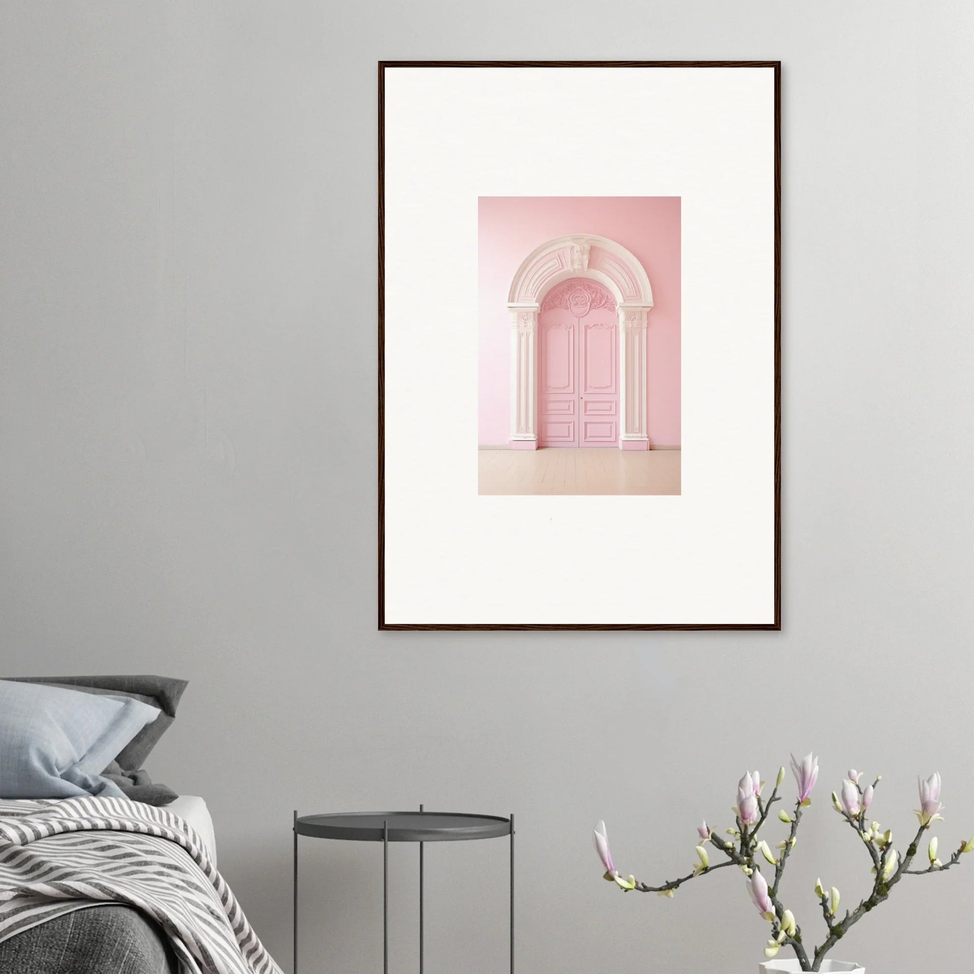 Pink arched doorway with ornate details in Portal Fantasies Unfurled framed wall art