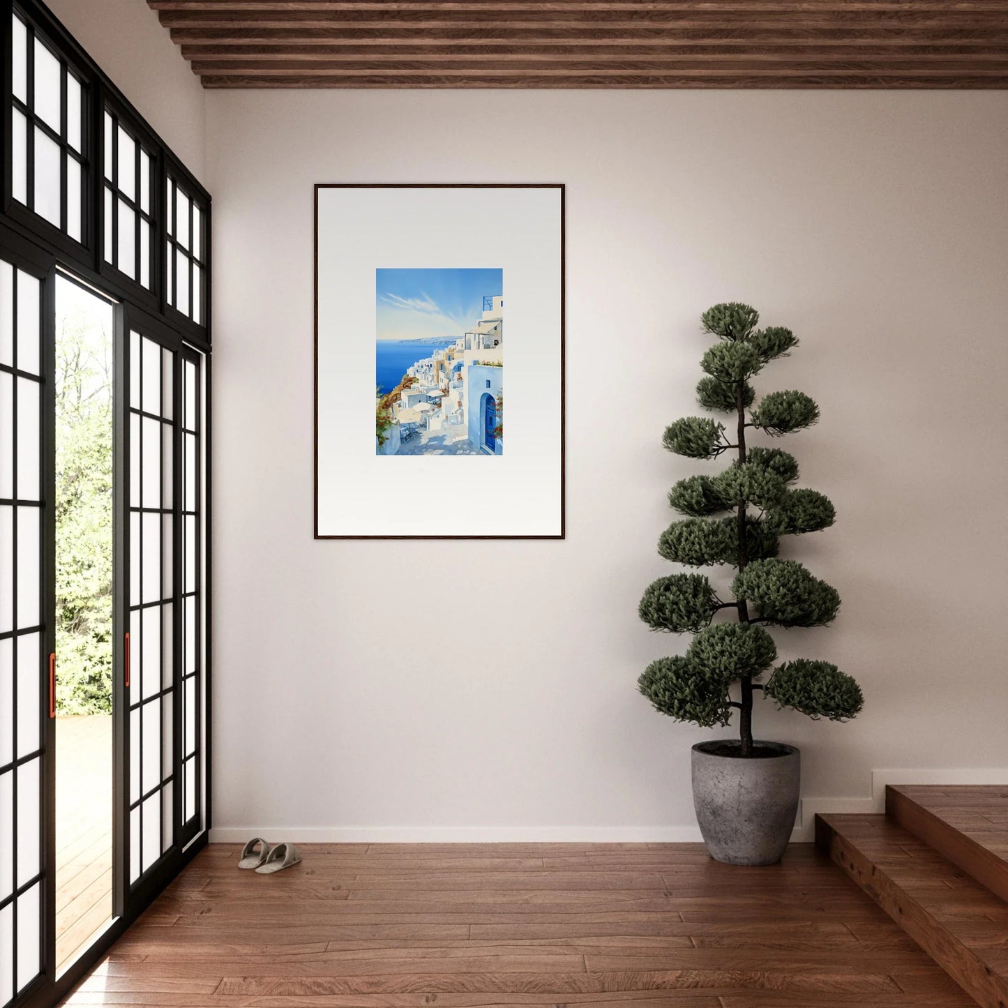 Framed artwork of white Santorini buildings and blue sea in Mediterranean Serenity Remastered