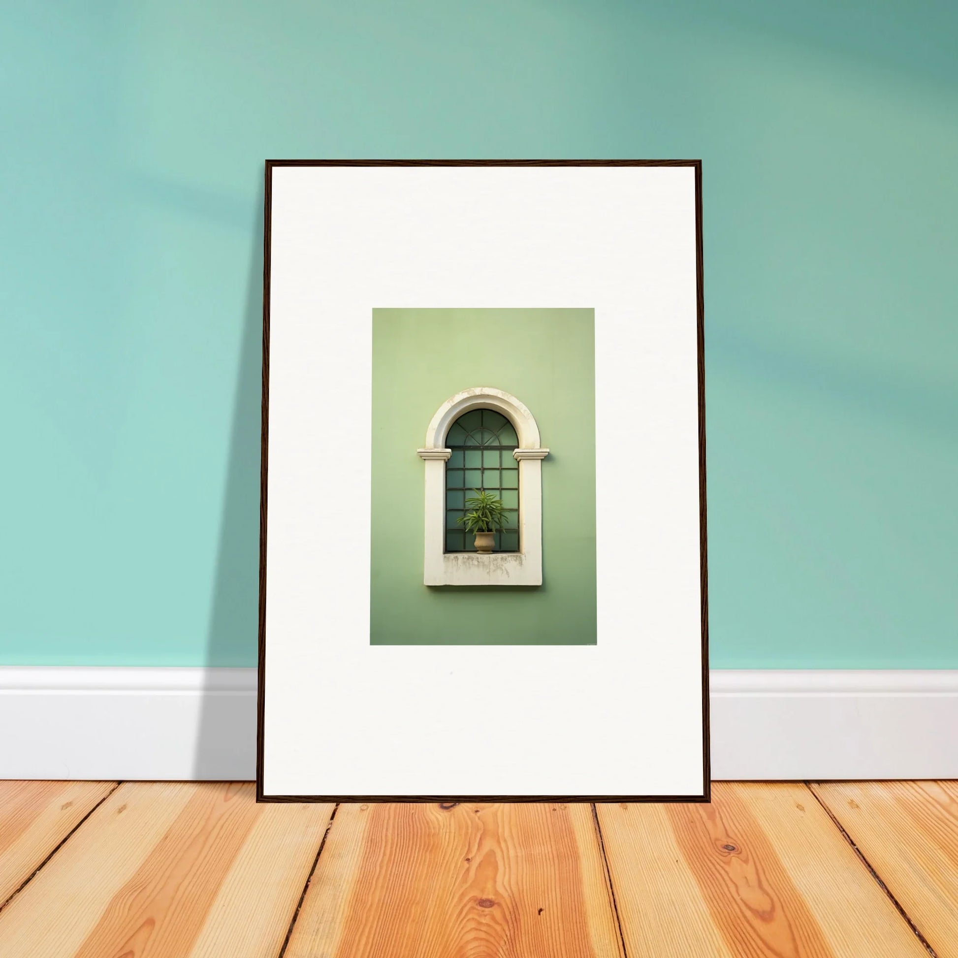 Framed wall art of an arched window with a flower pot, Eggshel PandæmonIA Bliss special edition