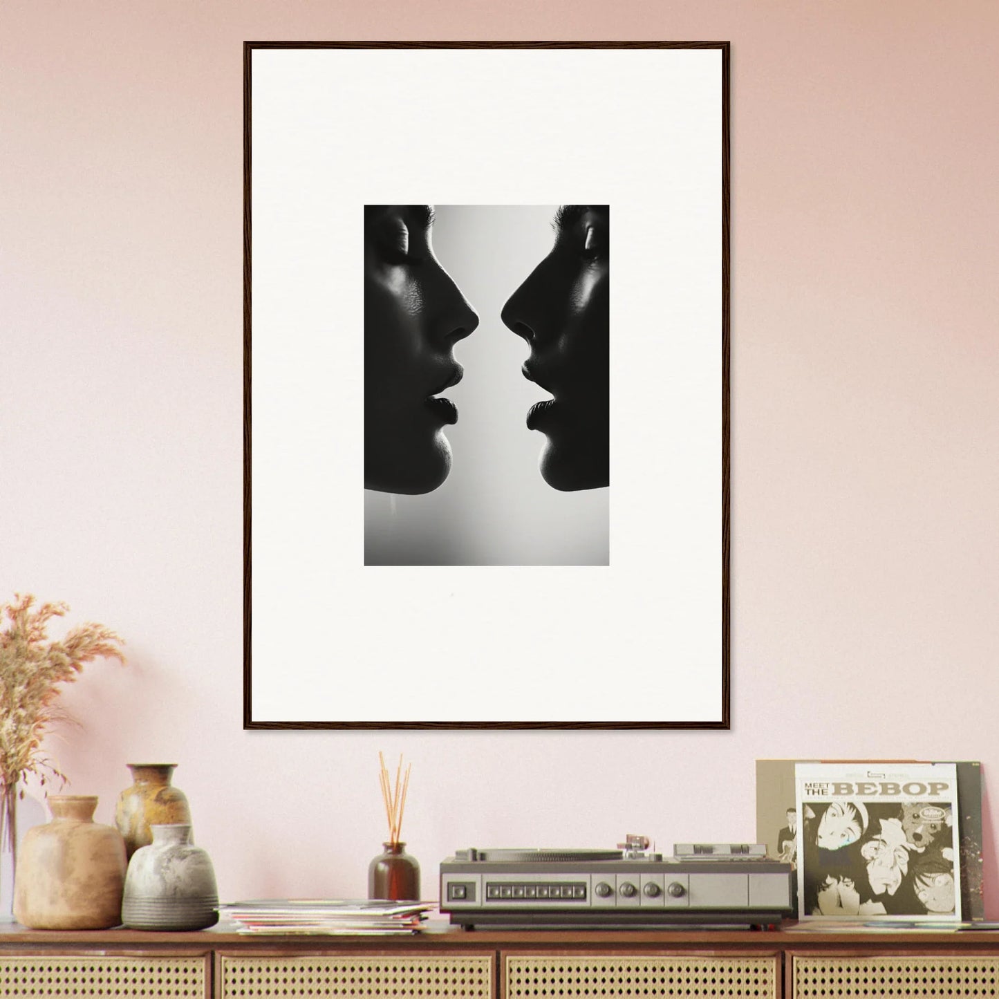 Black and white framed art print Echo’s Embrace featuring two silhouetted profiles