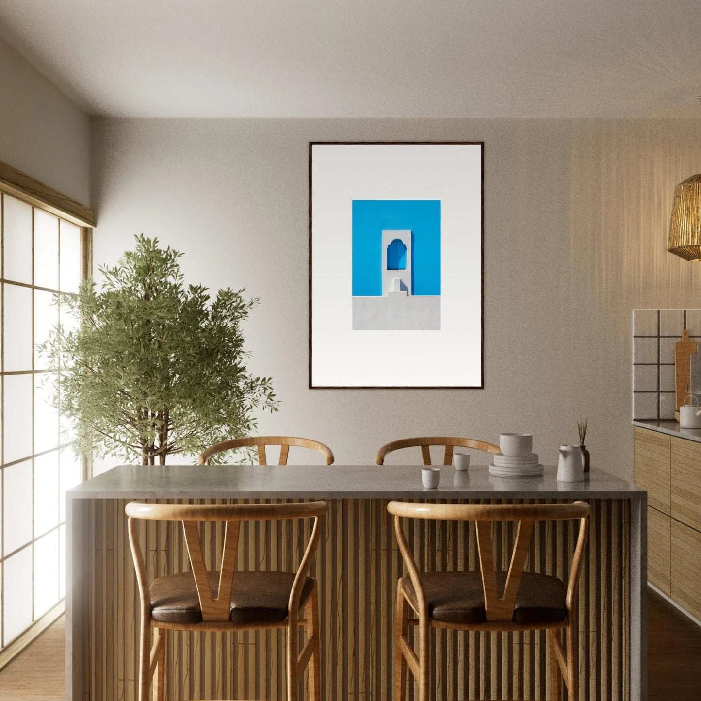 Minimalist dining table with wooden chairs and potted tree from Oikos Cerulean Aperturearches