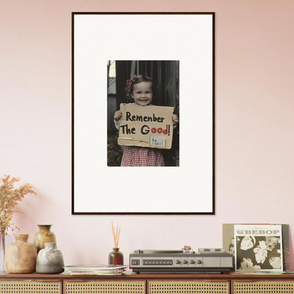 Framed black and white photo of a child with Remember The Good sign for Smiles Forlornly Singing special edition art™