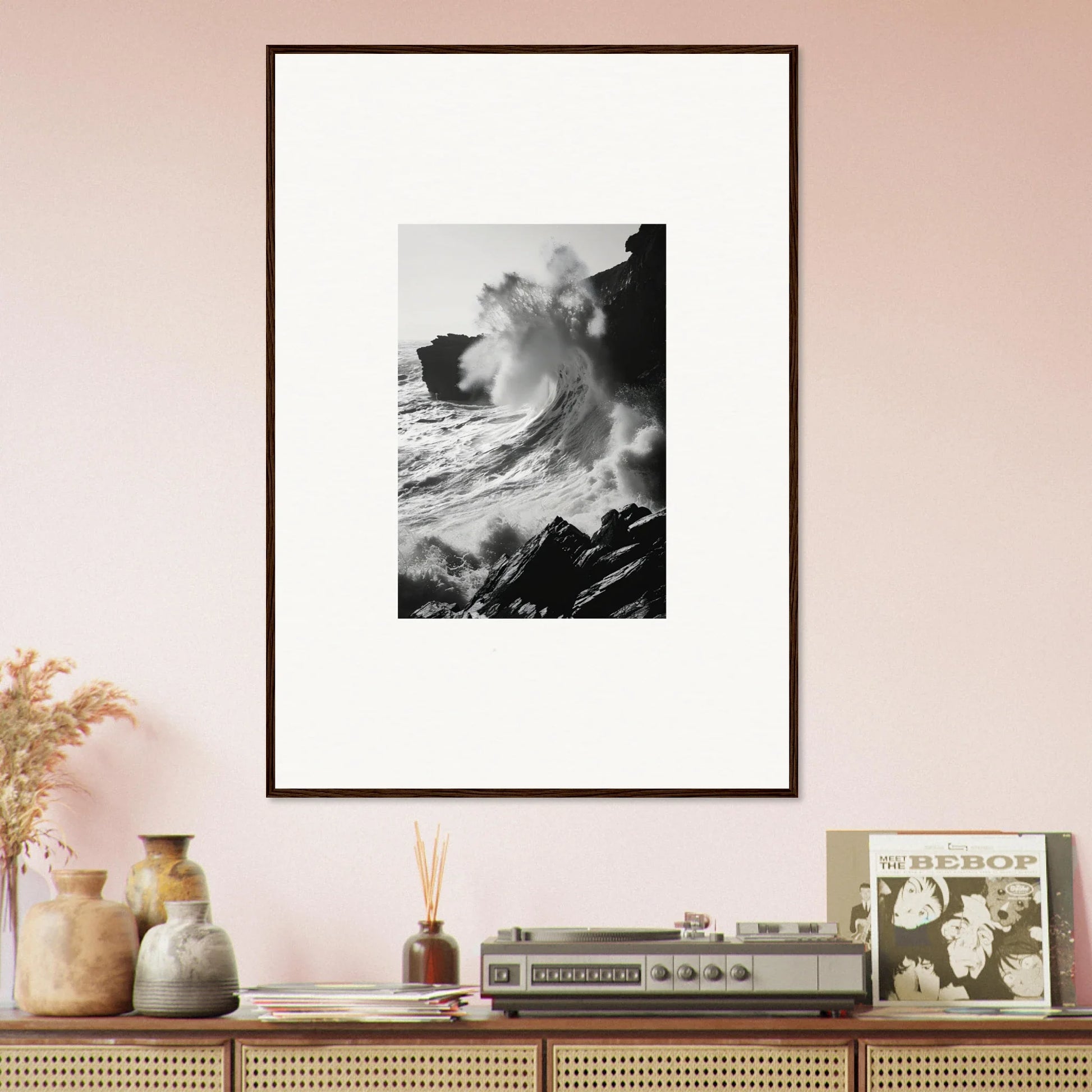 Framed black and white ocean wave photo for the Incandescent Wave Tribute art piece