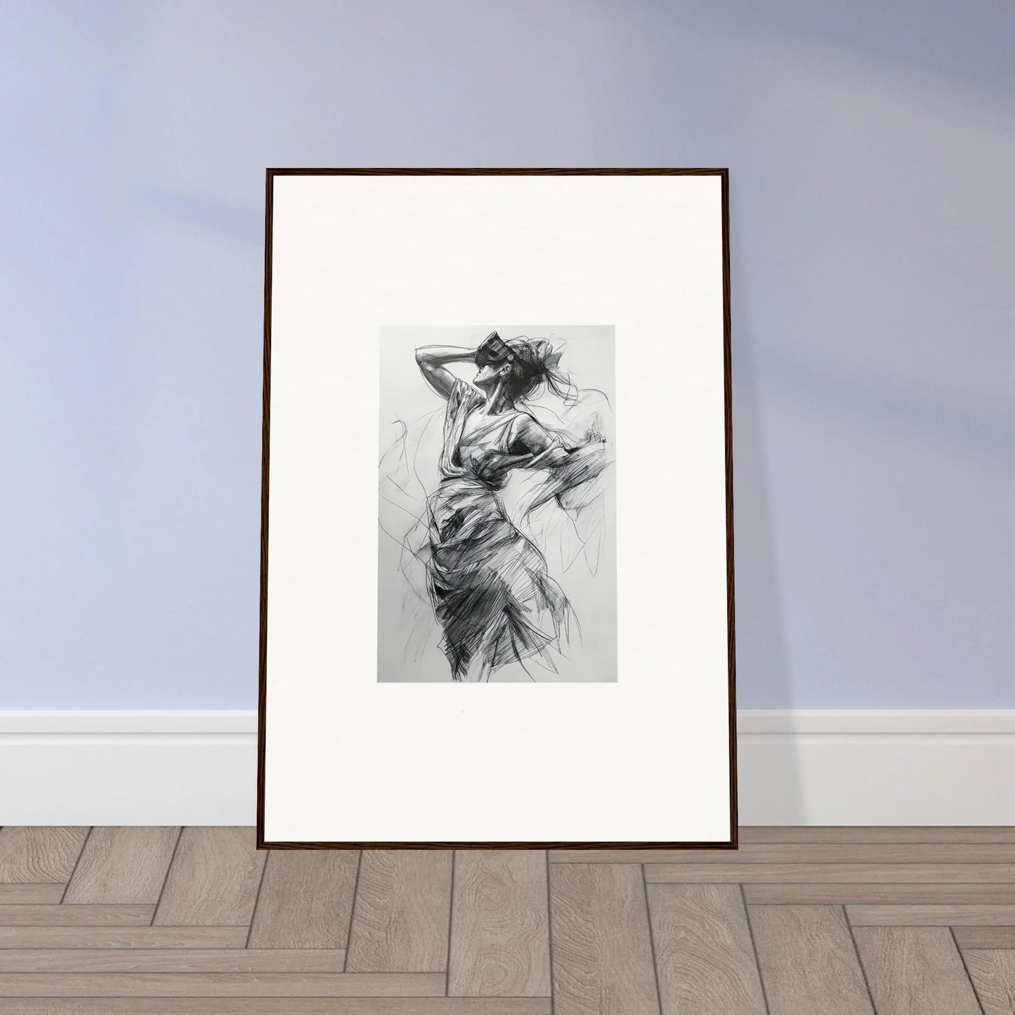 Framed black and white charcoal sketch in dynamic pose from Sketch Mirage Matinee collection