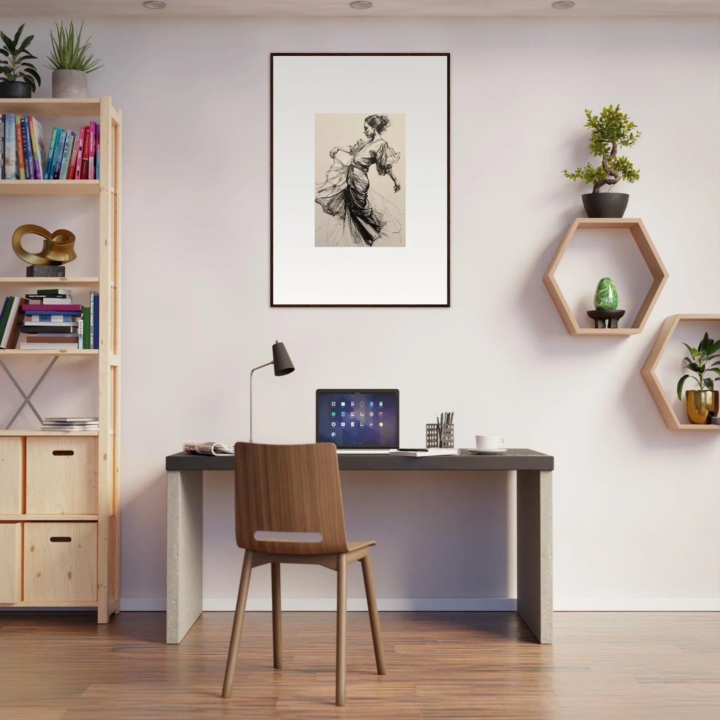 Simple home office with dark desk and wooden chair featuring Midnight Dance Whispers art