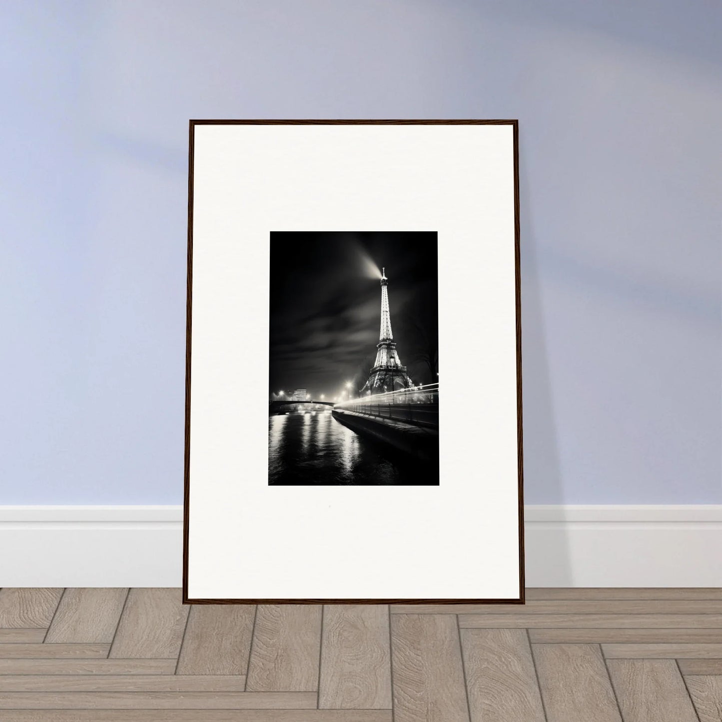 Framed black and white Eiffel Tower photo reflecting on the Seine for Paris Radiates Eleepizarre