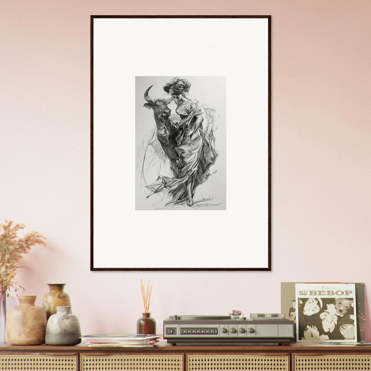 Framed black and white sketch of a matador in motion for Ebullient Abstract Liaisons