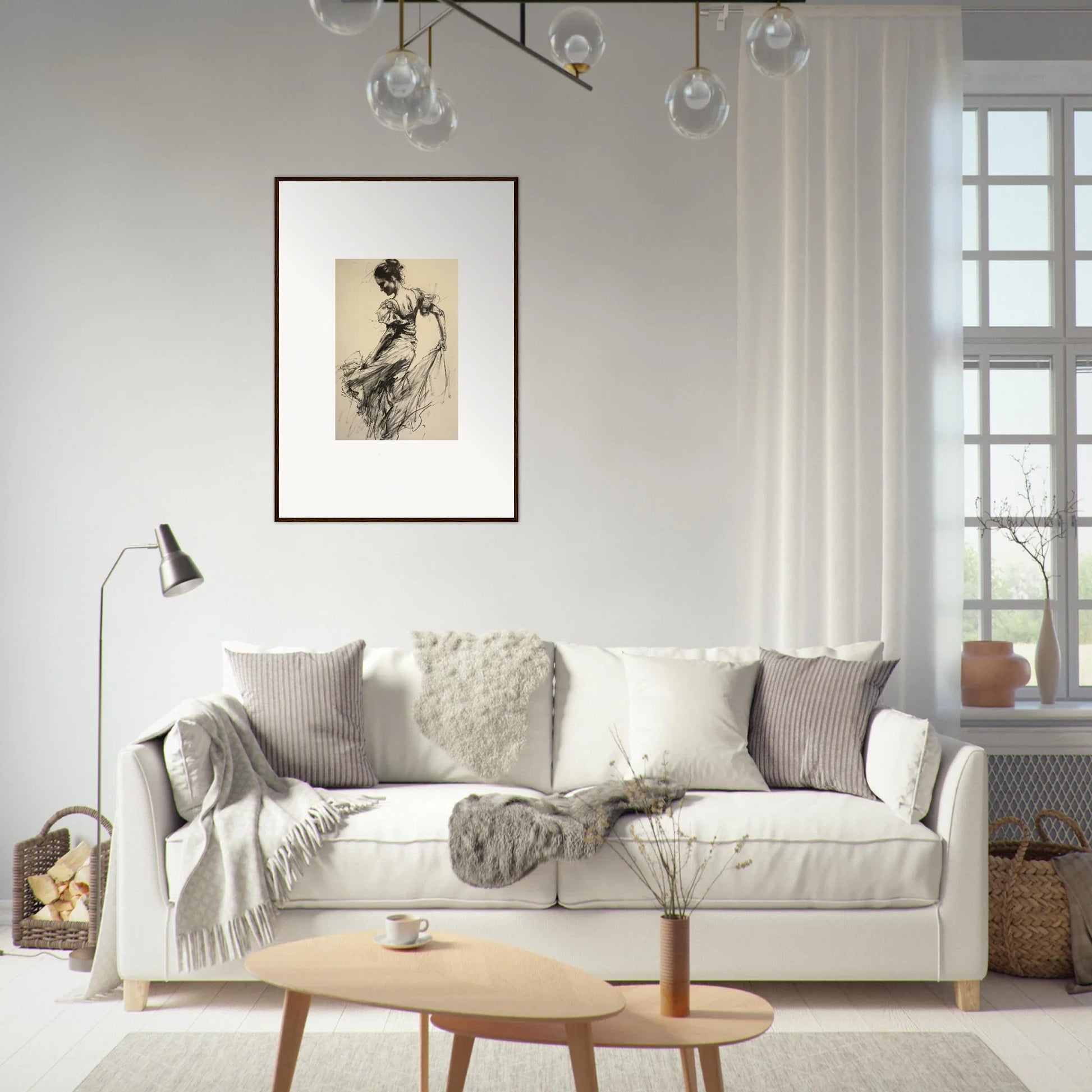 Cozy White Sofa with Gray and White Pillows for Gyroscopic Baudelo Bacon Art display