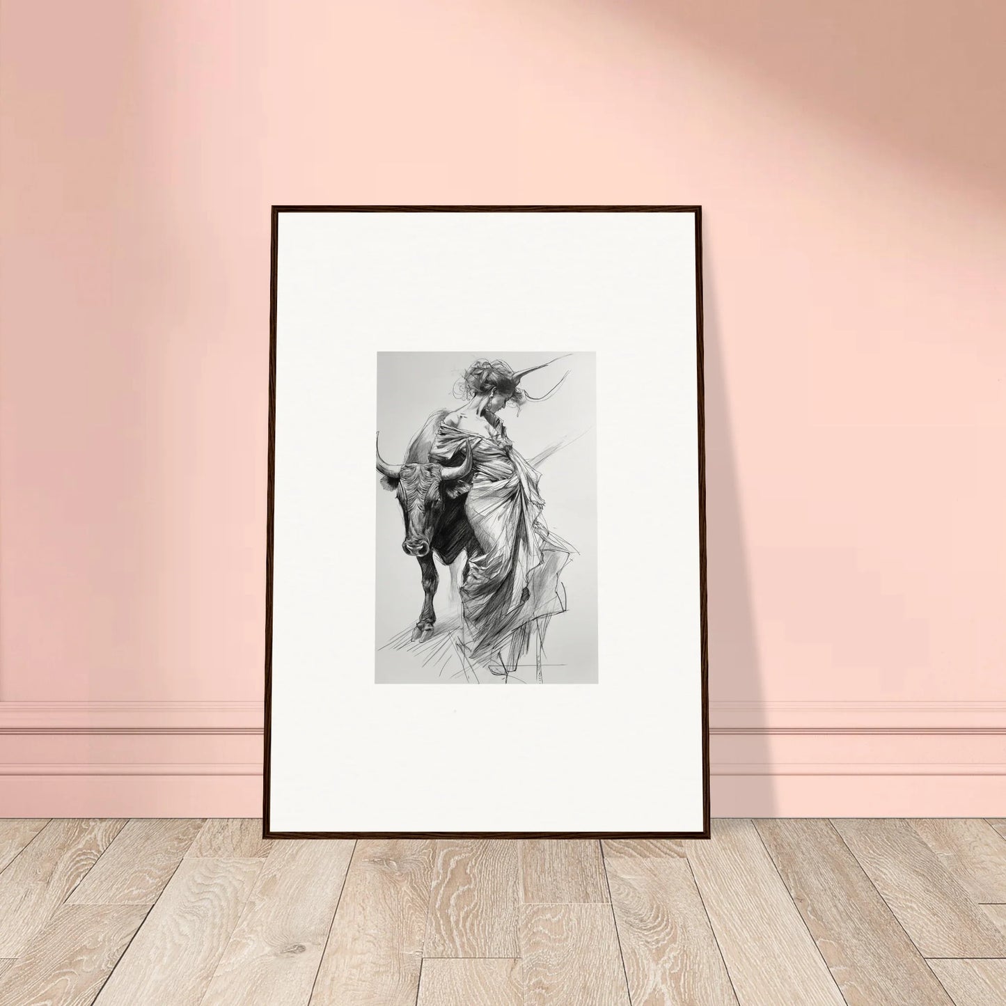 Framed black and white sketch of a figure with flowing robes next to a horse in dancing flamenco special edition art™