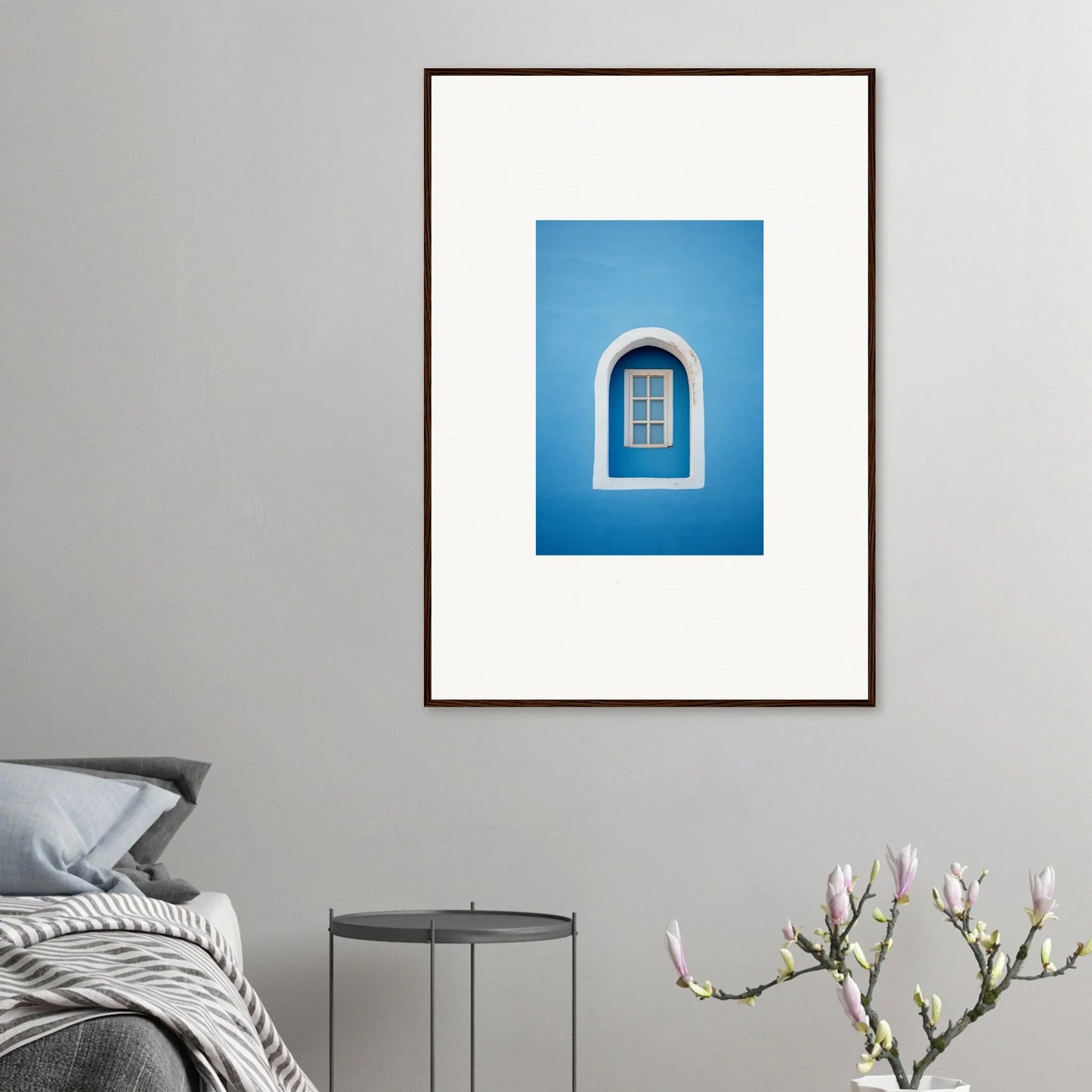 Arched window with white trim on a blue wall in Whispers Sky Mosaic design