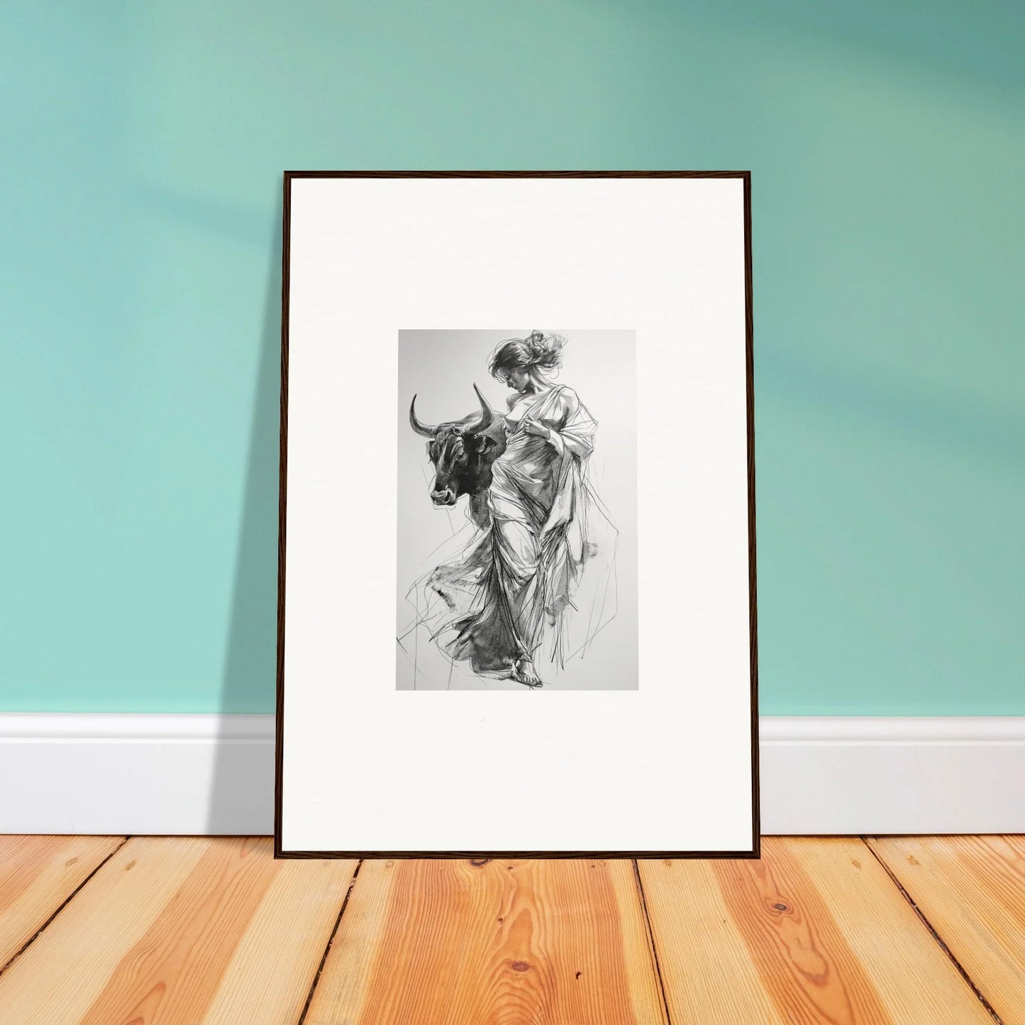 Framed black and white sketch of a classical figure with a bull in Splashing Gaze Melds