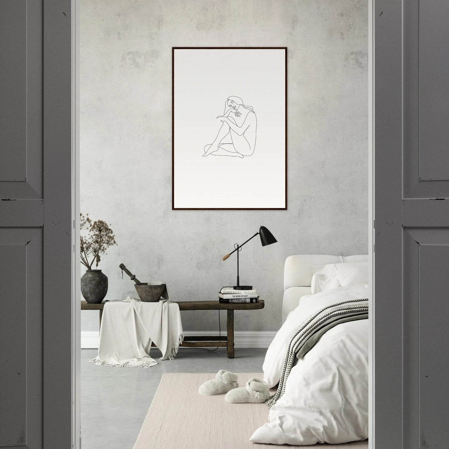 Minimalist line drawing of a seated figure in Mindful Dream Tangles framed wall art