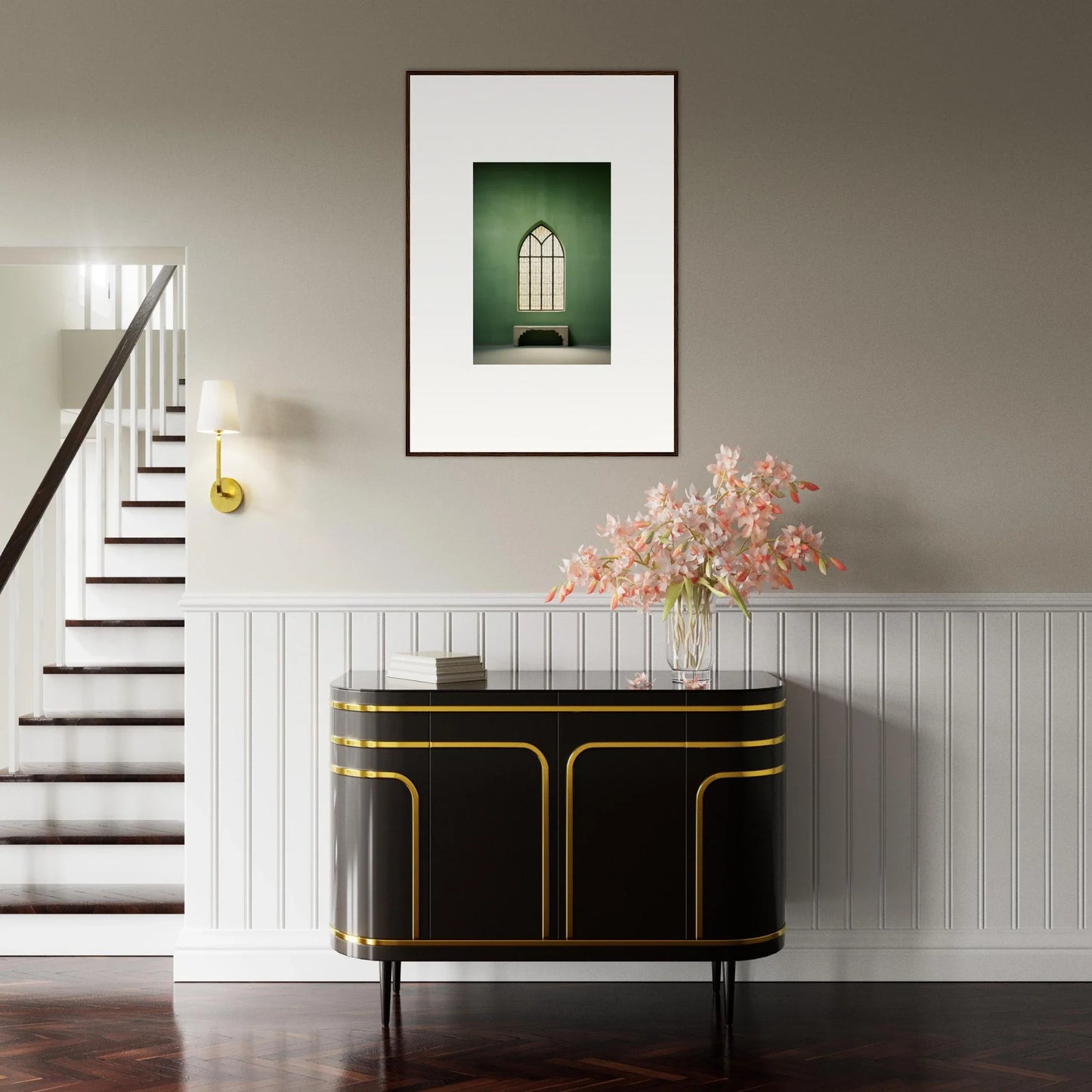 Art Deco black cabinet with gold trim curves, Evermind Greenthaum premium special edition art