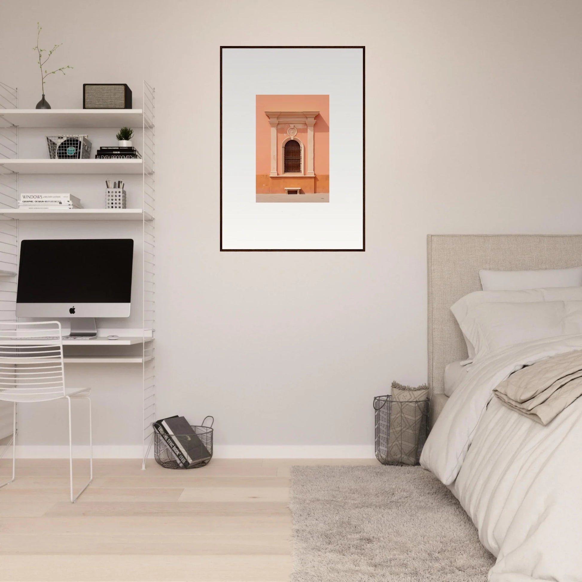 Minimalist bedroom featuring Silent Sunset Oblique framed wall art and iMac workstation