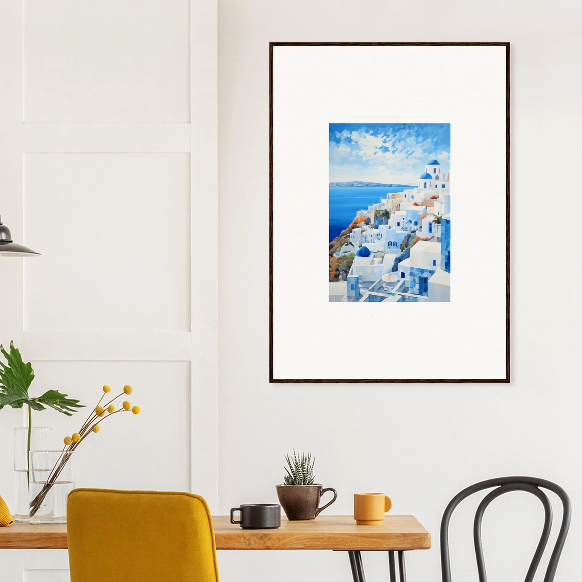 Framed poster of Santorini’s stunning white buildings and blue domes in premium art™