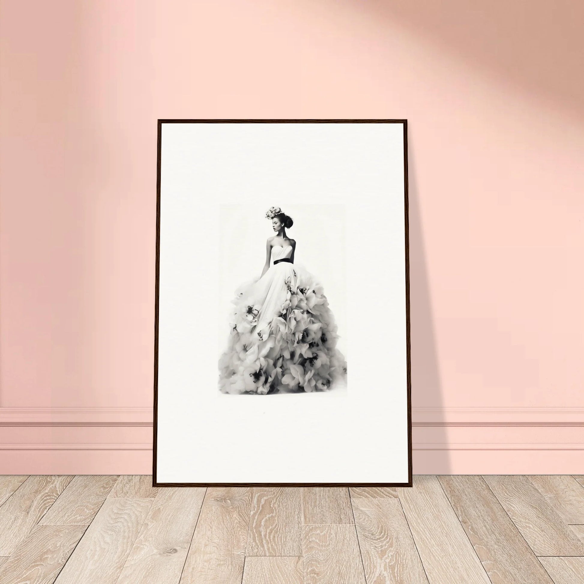 Black and white fashion illustration of elegant ballgown from Dreams Bloom Eternal special edition art™