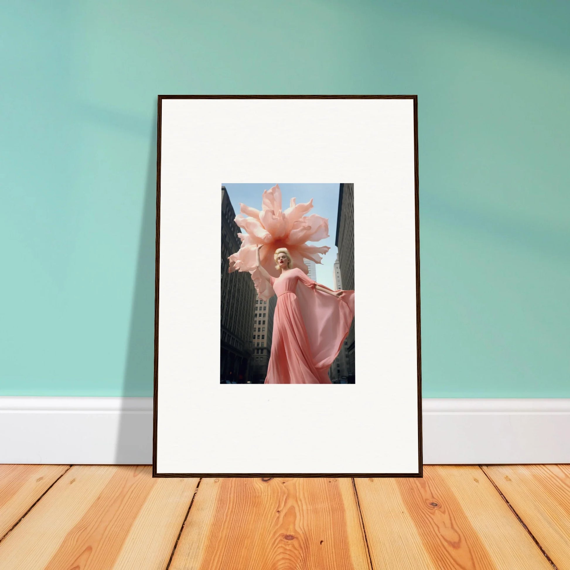 Framed art print of a figure in a pink dress, part of Sensational Blossom Mirage