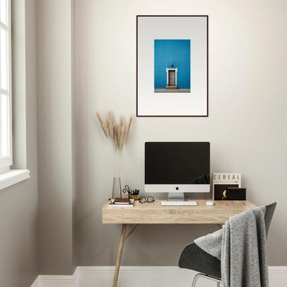 Minimalist wooden desk with iMac in the Eternal Cerulean Cloister special edition art™