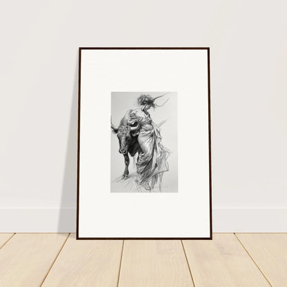 Framed black and white sketch of Europa riding Zeus in bull form for Dancing Flamenco wall art