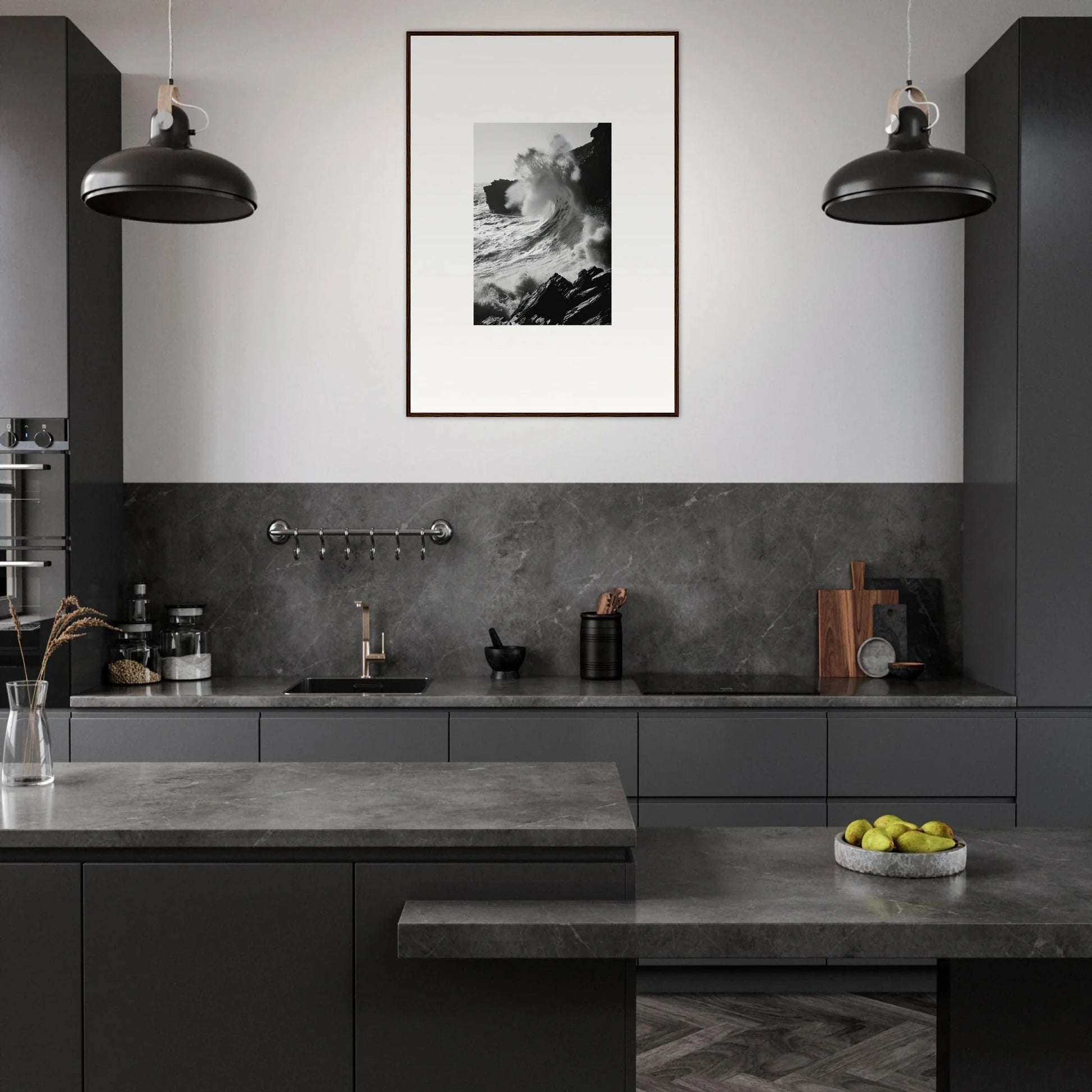 Modern dark grey kitchen with industrial lights and minimalist cabinetry, Incandescent Wave Tribute