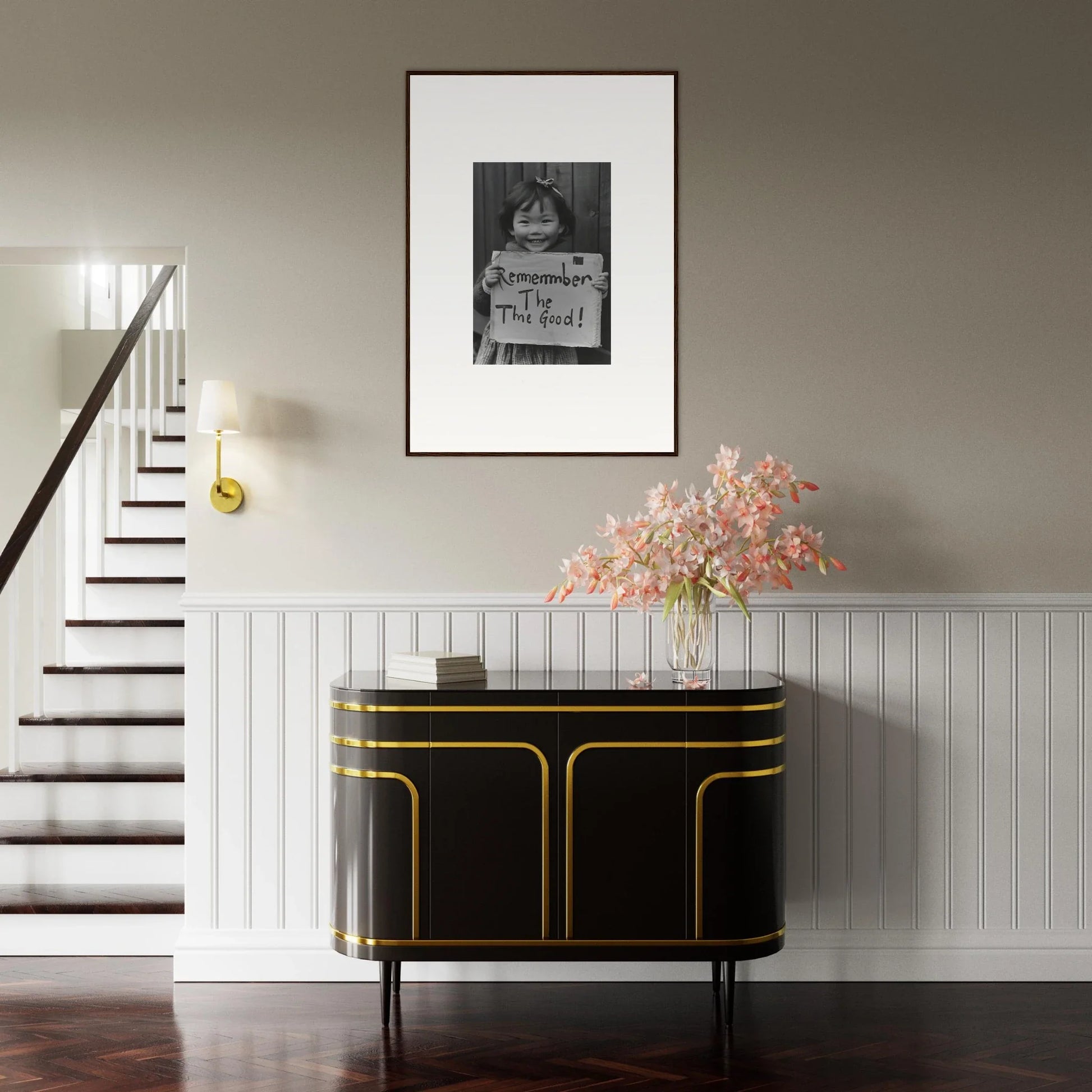 Black Art Deco cabinet with gold trim and curved edges from Timeless Joy Parade collection