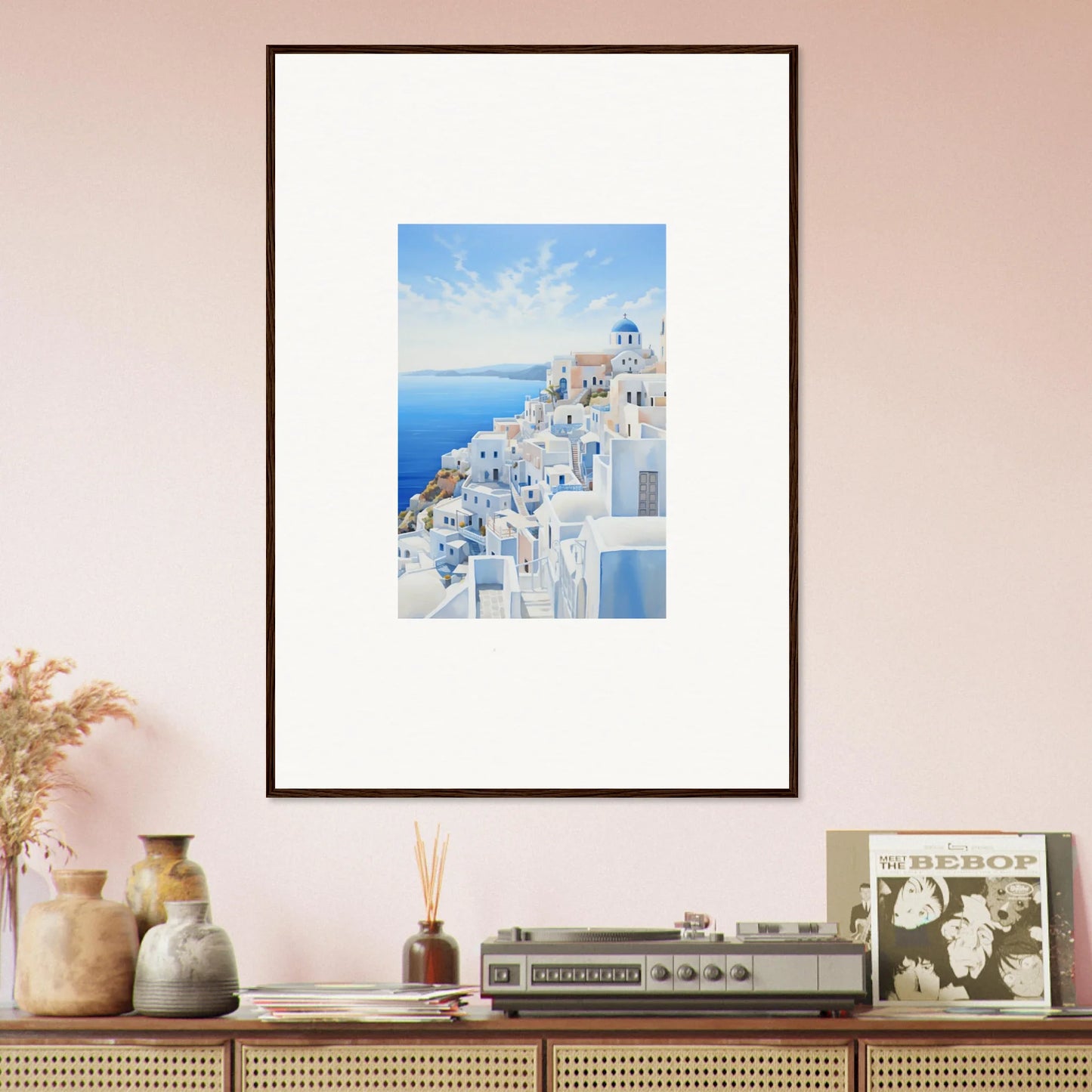 Framed wall art of Santorini’s white buildings and blue domes in Elysian Horizon Vortex