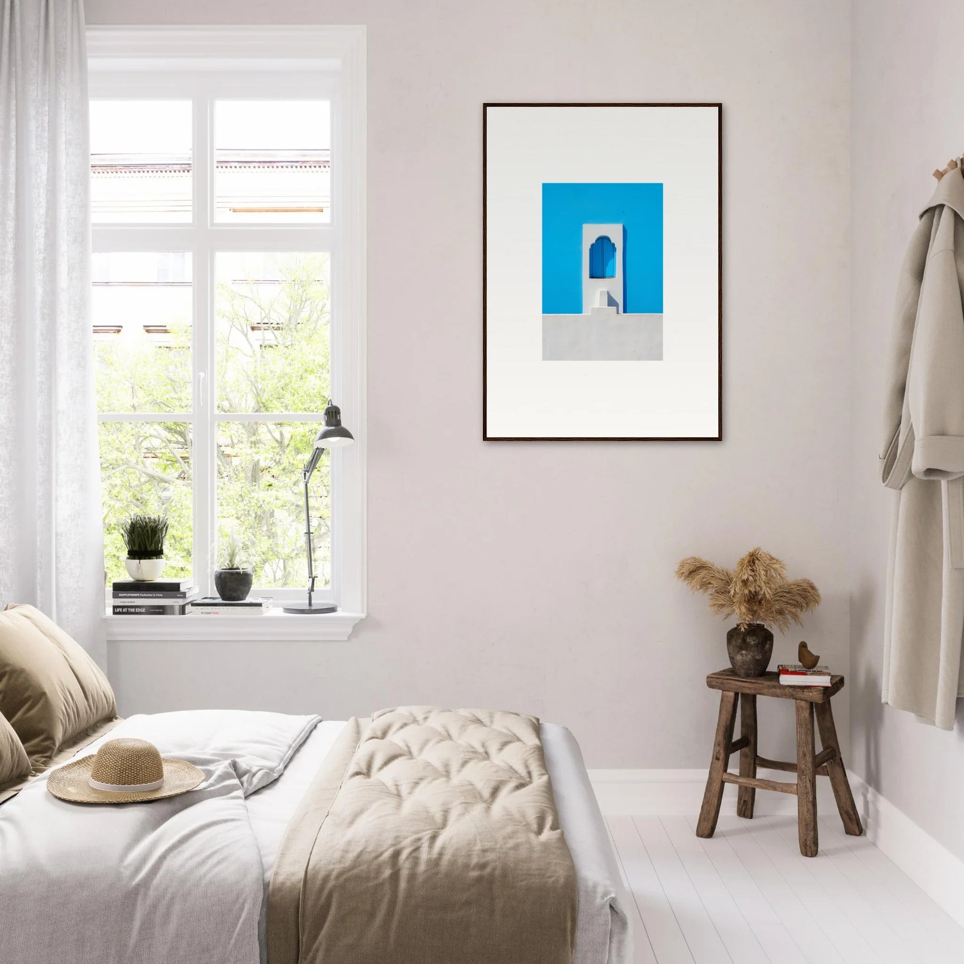 Minimalist bedroom with neutral tones featuring Oikos Cerulean Aperturearches on wall