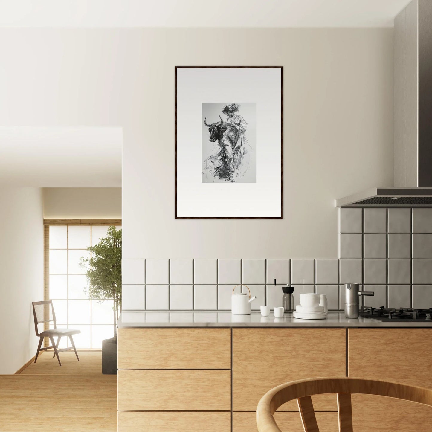 Modern kitchen with light wood cabinets, white tile backsplash, and premium framed wall art