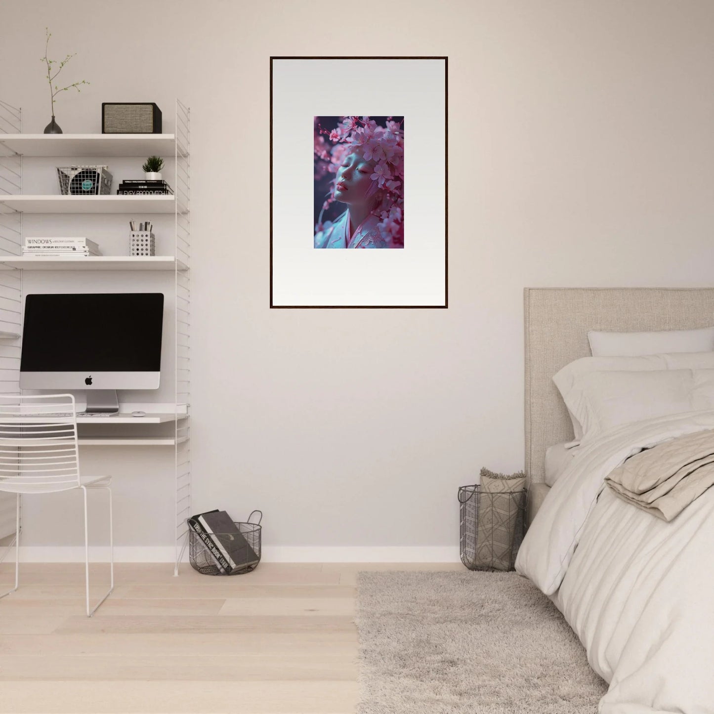 Framed canvas print of Sakura Whispers, swirling purple and blue wall art for room decoration