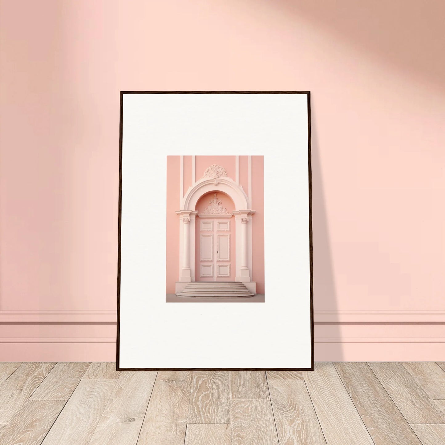 Framed art print of a pink arched doorway from the Petal Whispers Portal collection