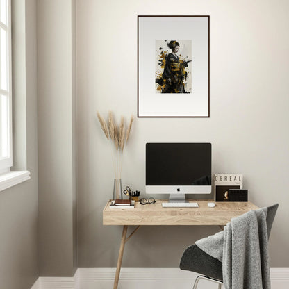 Minimalist home office with Eclipsed Ukiyo Symphony art above a wooden desk and iMac