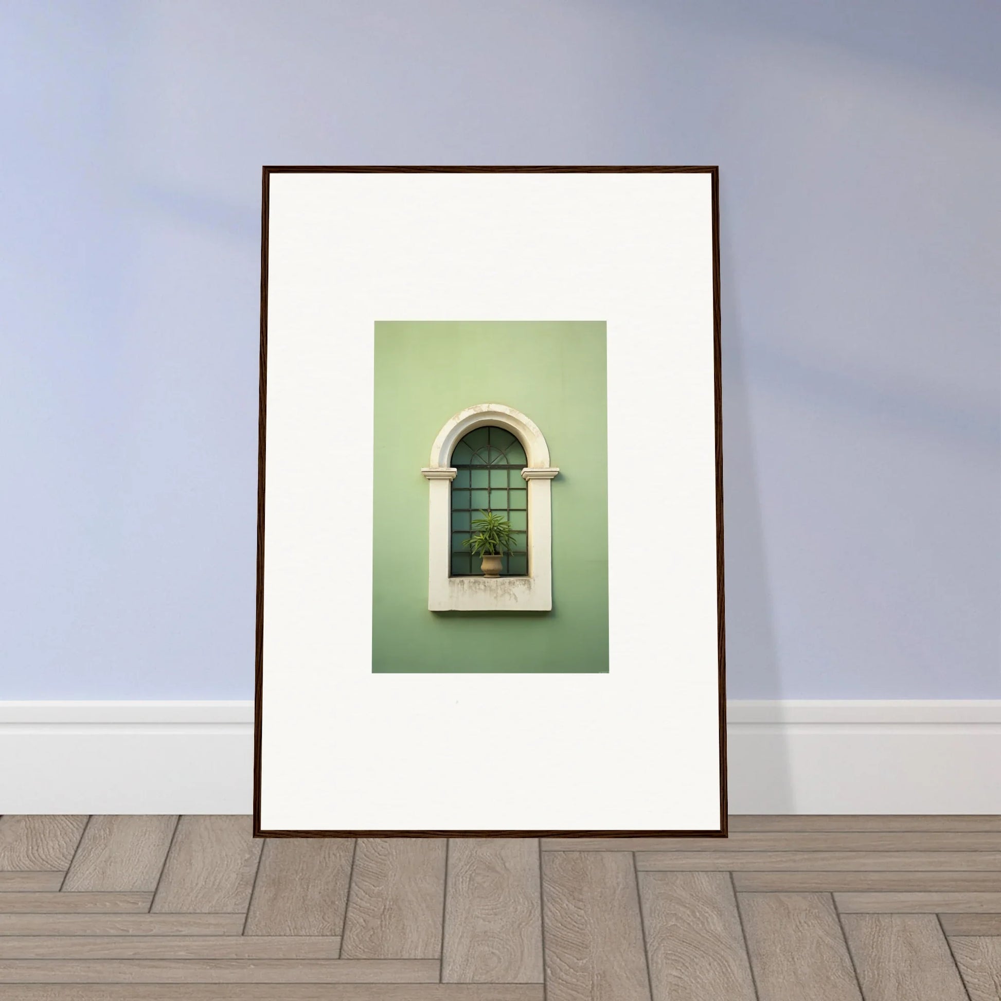 Framed wall art of an arched window with a potted plant from Eggshell PandæmonIA Bliss