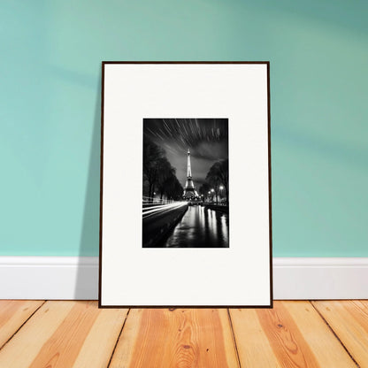 Framed black and white Eiffel Tower photo at night for Parisian Stars special edition art™