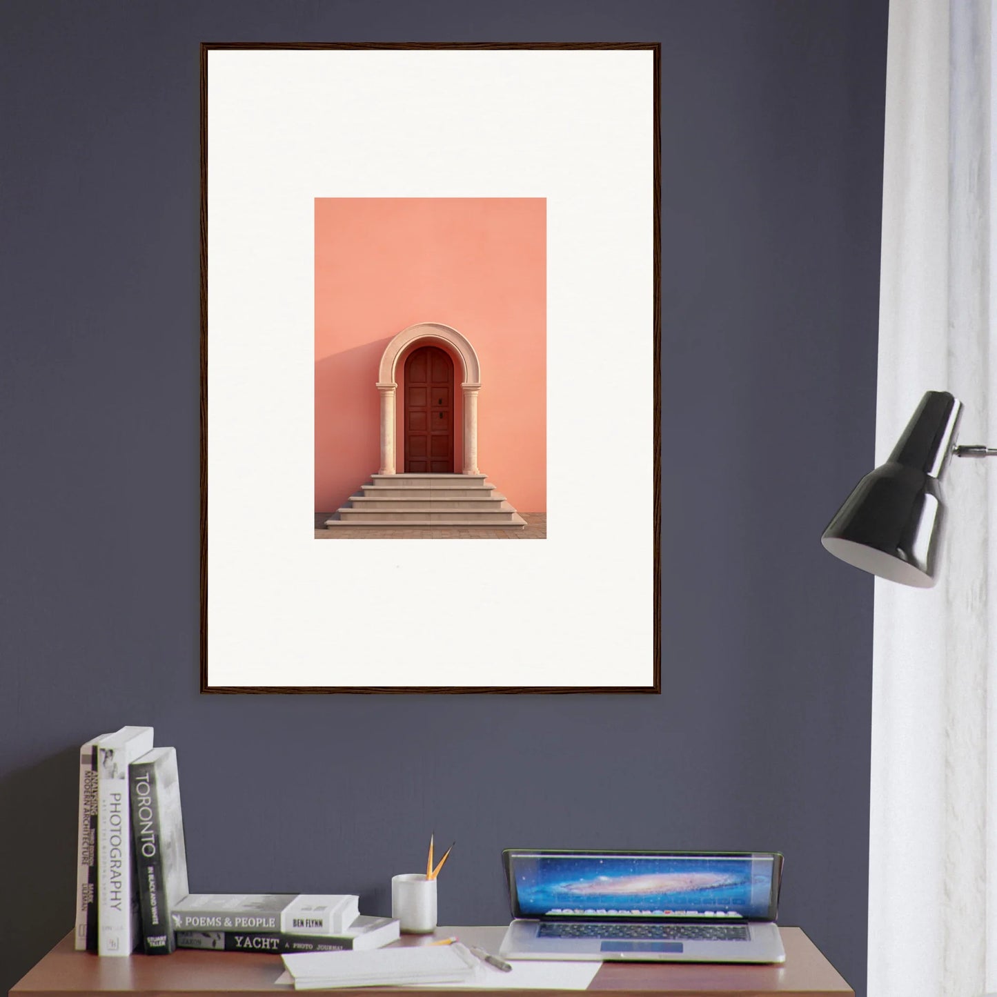 Framed art print of a pink archway on a coral wall for Ethereal Sunset Gateway