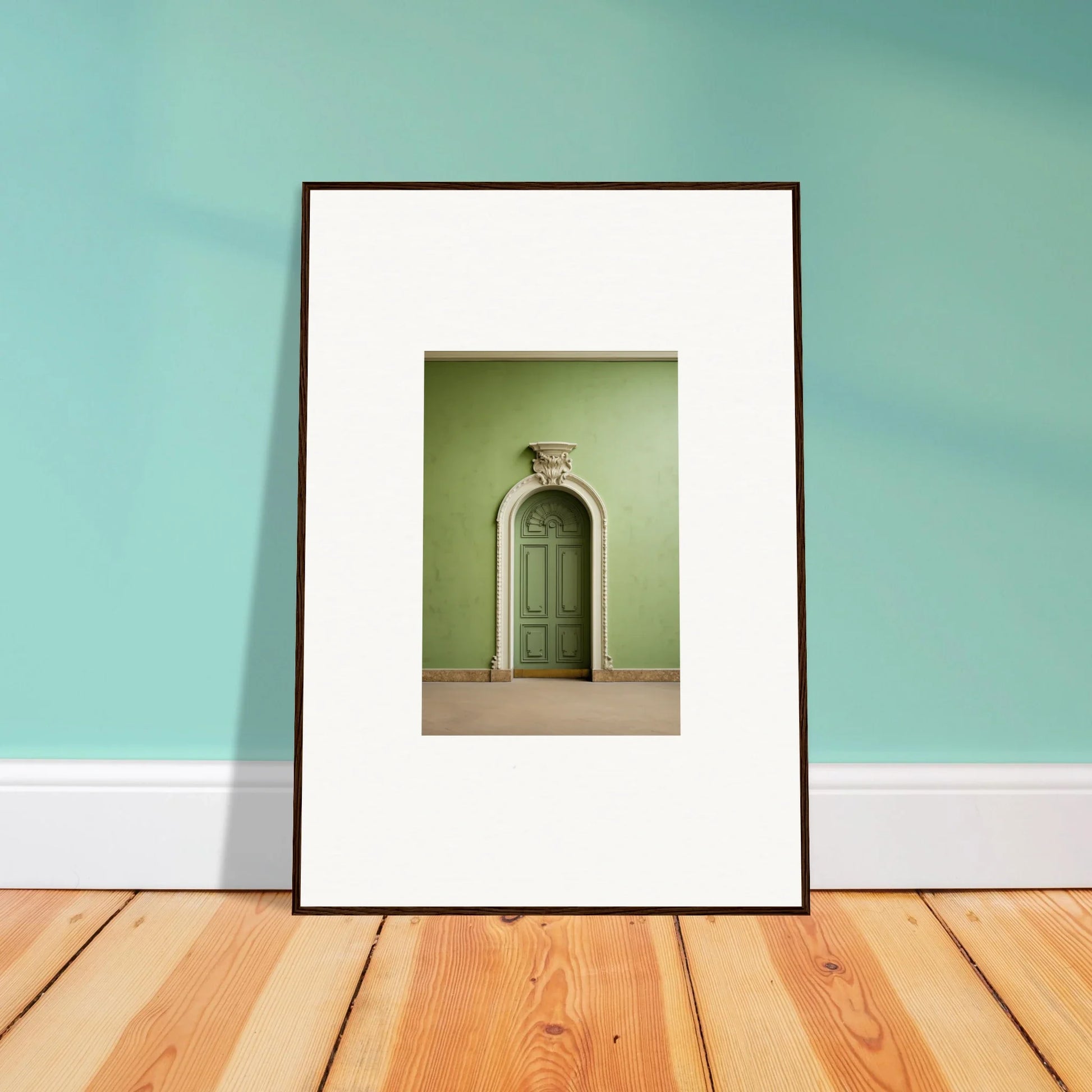 Framed wall art of an arched doorway on a mint green wall, Verdant Illusion Sphere