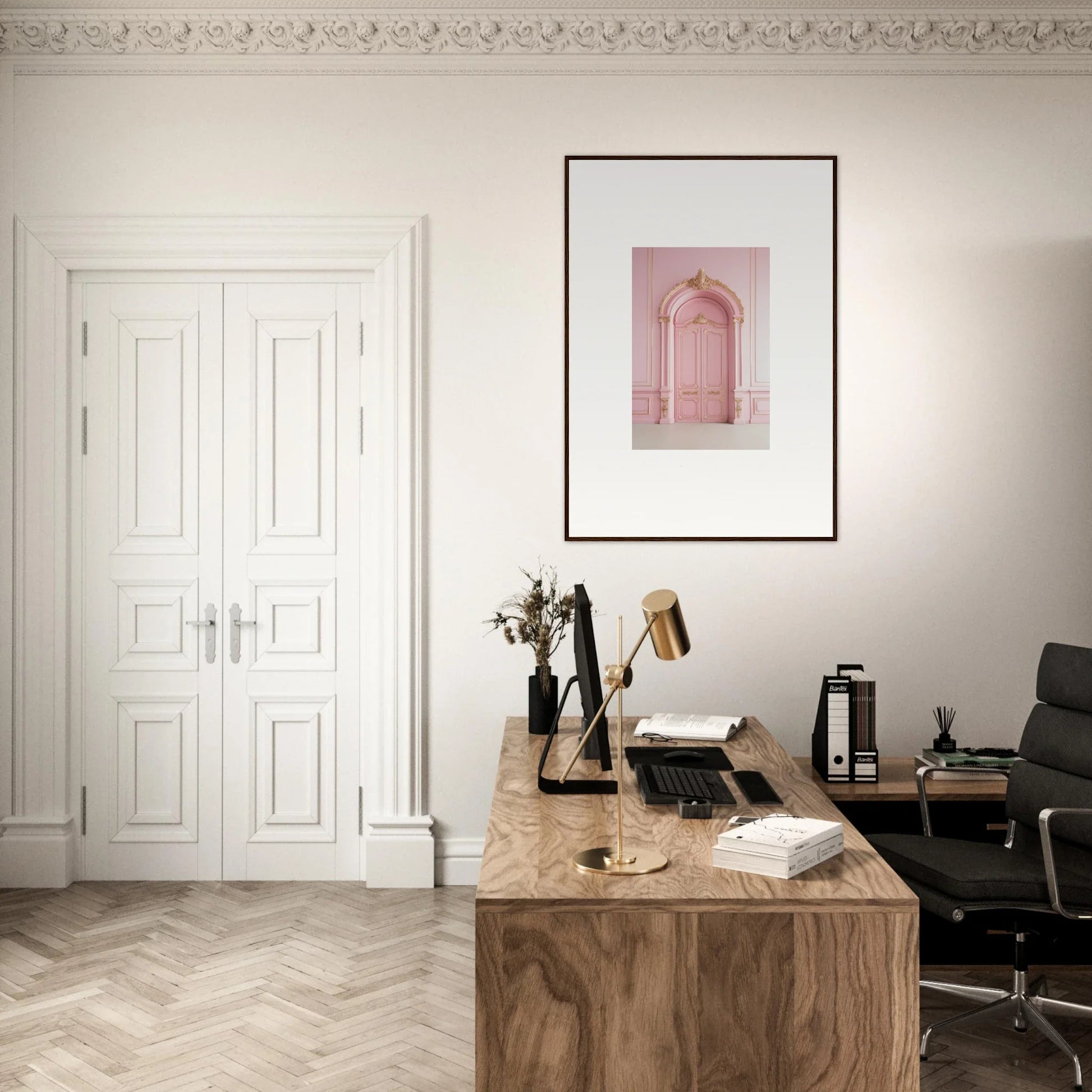 Wooden desk with a typewriter and office supplies, perfect for the Paris Dreams Frame