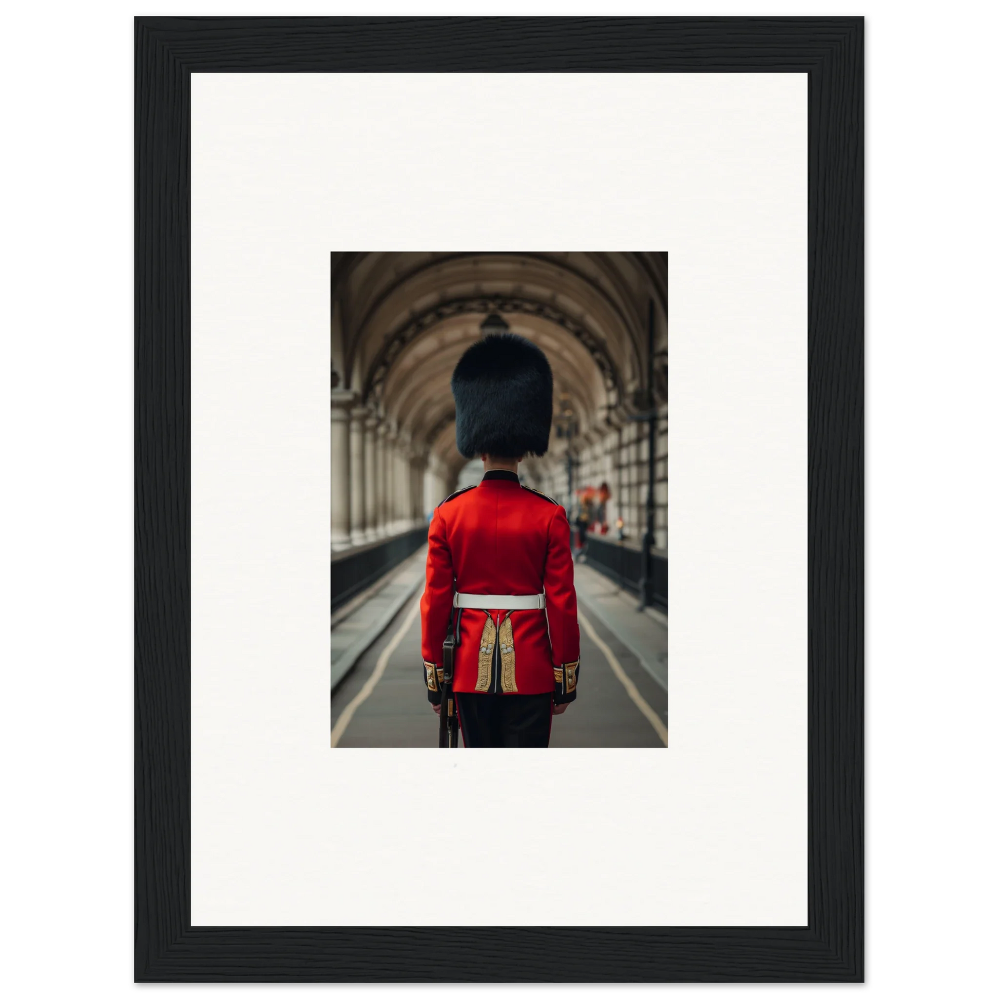 Royal guard in red uniform and bearskin hat from Scarlet Temporal Century framed wall art