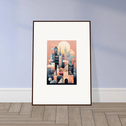 Framed art print of Ephemeral Castle Whispers with towers against a peachy sunset