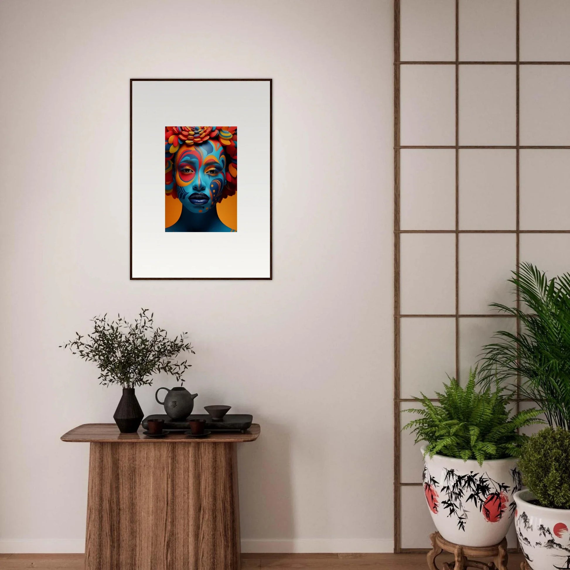 Colorful canvas print of a vivid blue face with ornate headdress for room decoration