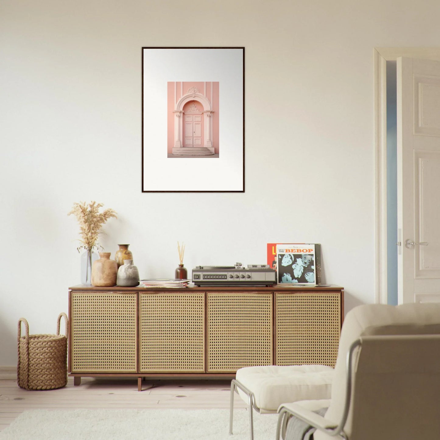 Wooden credenza with cane webbing, perfect for showcasing Petal Whispers Portal art