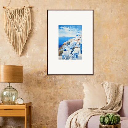 Framed poster of Santorini’s white buildings and blue domes for your premium wall art