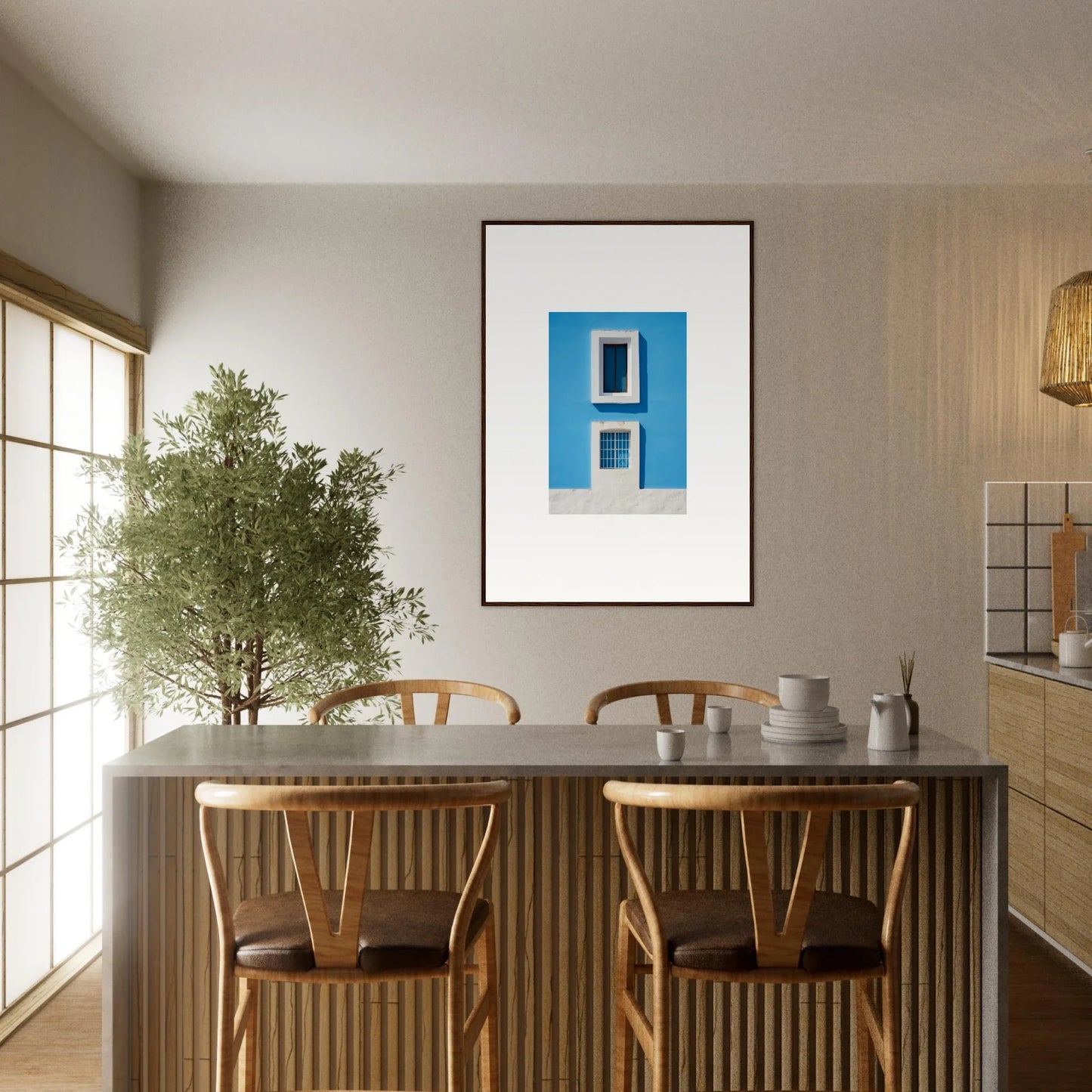 Minimalist dining setup with Isles Encompassed Vista framed wall art above the table