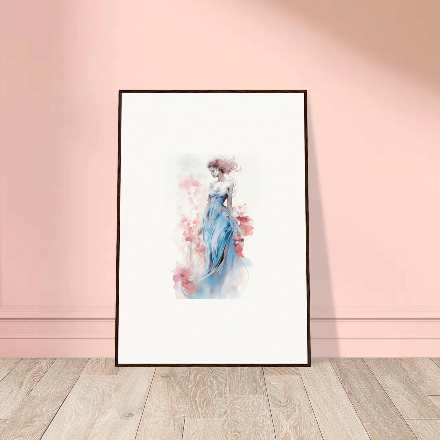 Framed watercolor wall art of a figure in a blue dress with pink flowers for room decoration